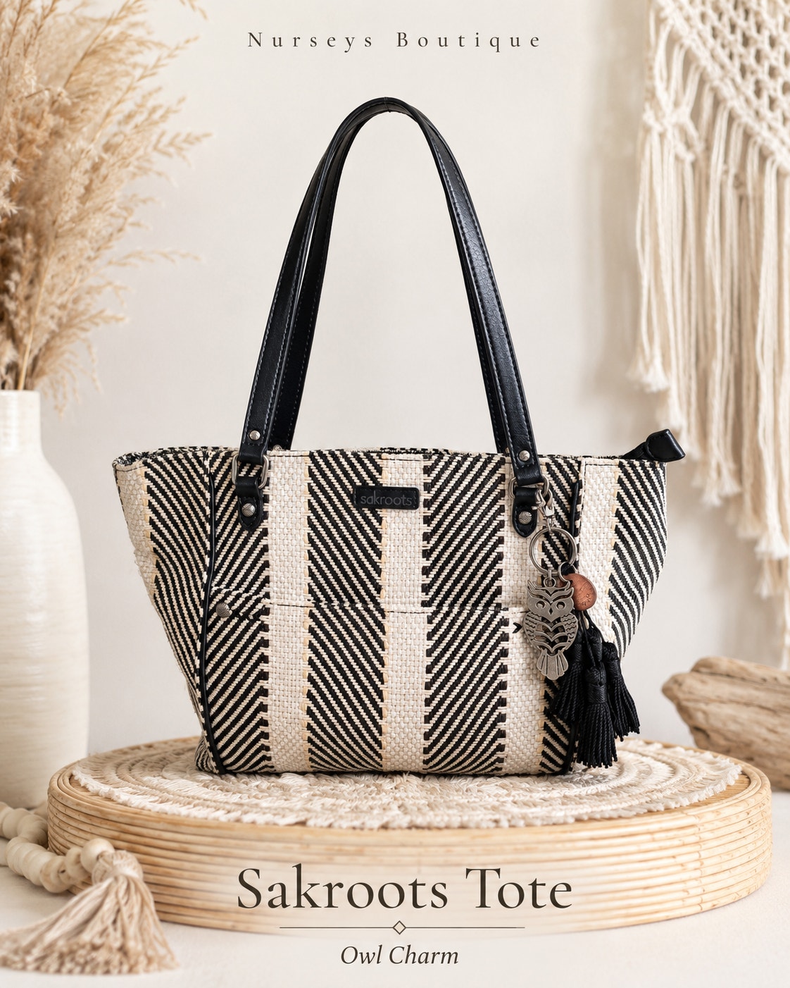 Sakroots Metro Woven Tote Black White Soulful Desert Owl Charm Shoulder Bag